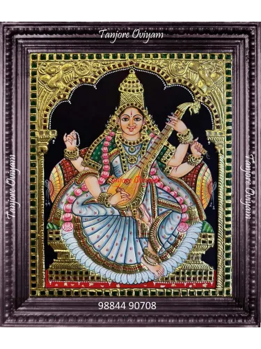 Handcrafted Saraswathi Pooja Tanjore painting with veena and gold foil work